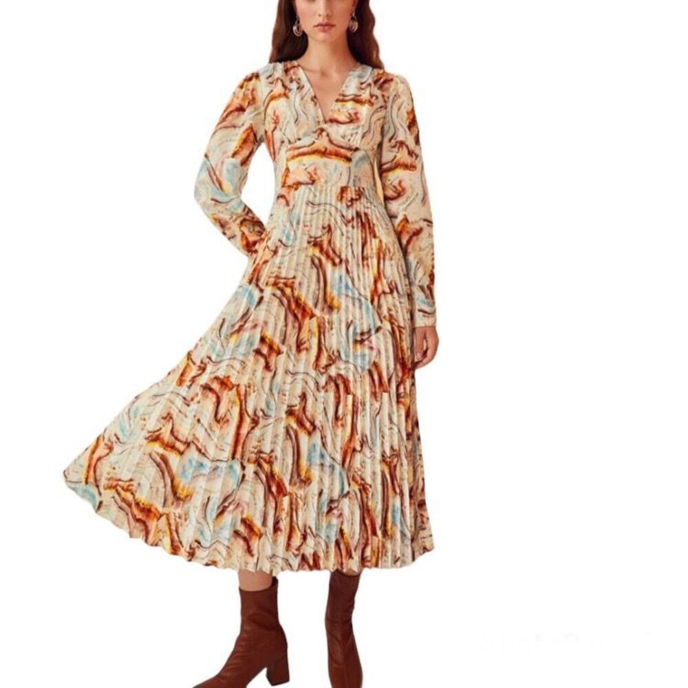 All Over Watercolor Print Pleated Midi Dress S